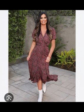 Floral Wrap Midi Dress in Wine Red